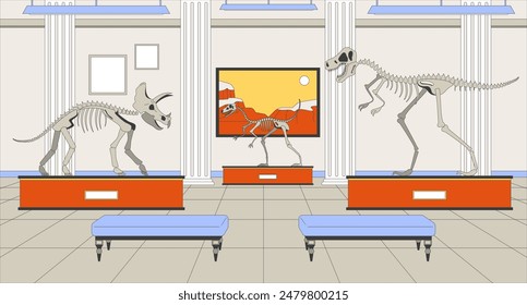 Dinosaur exhibition museum cartoon flat illustration. Natural history exhibits 2D line interior colorful background. Prehistoric times dino bones, fossils gallery scene vector storytelling image