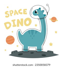 Dinosaur explorer space in astronaut costume. Boy fabric print with dino, funny cute space adventures graphic art, classy cartoon vector scene