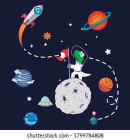dinosaur exploring the universe, vector illustration