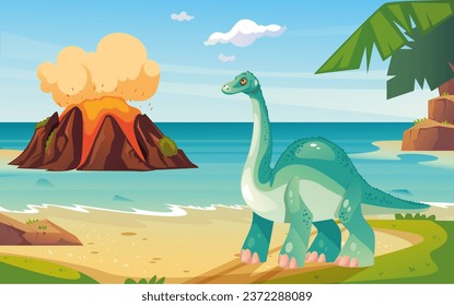 Dinosaur extinct by volcano jurassic world prehistoric era concept. Vector flat graphic design illustration