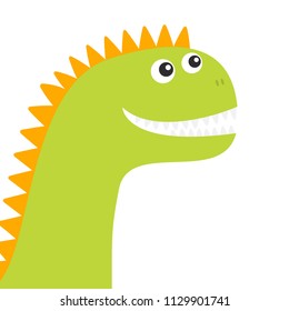 Dinosaur face. Cute cartoon funny dino baby character. Flat design. Green and orange color. White background. Isolated. Vector illustration
