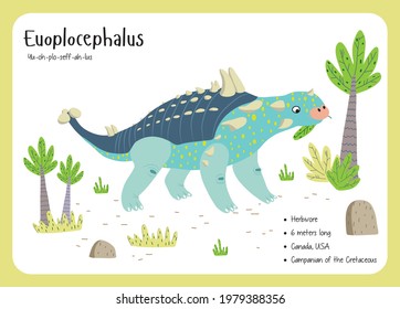 Dinosaur Fact Flash Cards - Dinosaur Names Corresponding to the English Alphabet. Cute colorful vector illustration. Herbivore set. Dinosaur vegan. Euoplocephalus