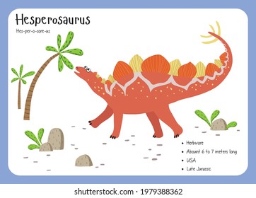 Dinosaur Fact Flash Cards - Dinosaur Names Corresponding to the English Alphabet. Cute colorful vector illustration. Herbivore set. Dinosaur vegan. Hesperosaurus