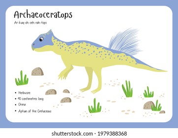 Dinosaur Fact Flash Cards - Dinosaur Names Corresponding to the English Alphabet. Cute colorful vector illustration. Herbivore set. Dinosaur vegan. Archaeoceratops