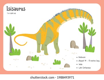 Dinosaur Fact Flash Cards - Dinosaur Names Corresponding to the English Alphabet. Cute colorful vector illustration. Herbivore set. Dinosaur vegan. Set cards a-z dinosaur I. Isisaurus