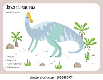 Dinosaur Fact Flash Cards - Dinosaur Names Corresponding to the English Alphabet. Cute colorful vector illustration. Herbivore set. Dinosaur vegan. Set cards a-z dinosaur j. Jaxartosaurus