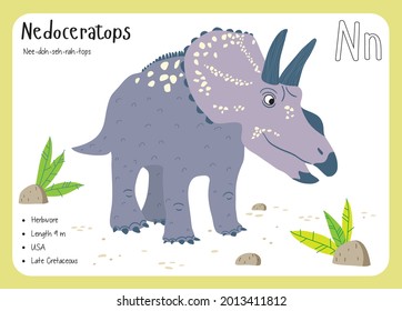 Dinosaur Fact Flash Cards - Dinosaur Names Corresponding to the English Alphabet. Cute colorful vector illustration. Herbivore set. Dinosaur vegan. Set cards a-z dinosaur N. Nedoceratops