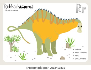 Dinosaur Fact Flash Cards - Dinosaur Names Corresponding to the English Alphabet. Cute colorful vector illustration. Herbivore set. Dinosaur vegan. Set cards a-z dinosaur R. Rebbachisaurus
