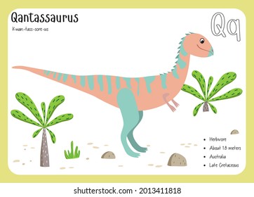 Dinosaur Fact Flash Cards - Dinosaur Names Corresponding to the English Alphabet. Cute colorful vector illustration. Herbivore set. Dinosaur vegan. Set cards a-z dinosaur Q. Qantassaurus