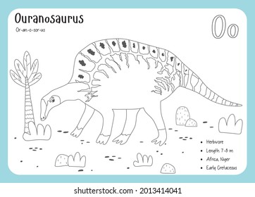 Dinosaur Fact Flash Cards - Dinosaur Names Corresponding to the English Alphabet. Cute colorful vector illustration. Herbivore set. Dinosaur vegan. Set cards a-z dinosaur O. Ouranosaurus