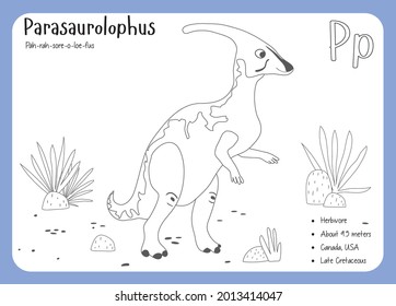 Dinosaur Fact Flash Cards - Dinosaur Names Corresponding to the English Alphabet. Cute colorful vector illustration. Herbivore set. Dinosaur vegan. Set cards a-z dinosaur P. Parasaurolophus