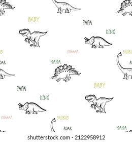 Dinosaur family doodle pattern. Seamless background with pink stegosaurus, baby tyrannosaur, triceratops, brachiosaurus. Funny Dino collection. Textile design for baby boy on white background.