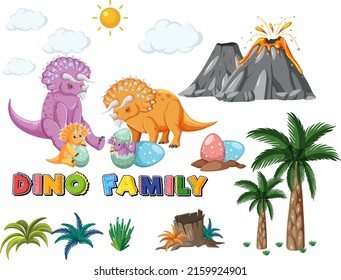 Dinosaur family with forest objects illustration