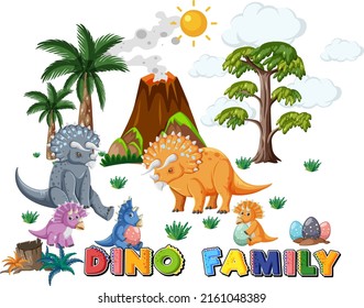 Dinosaur family with forest objects illustration