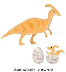 Dinosaur family Mama dinosaur and baby dinosaur hatch from egg. Vector image isolated on white background.