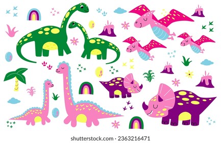 Dinosaur family. Mom and child. Cute dino. Happy Jurassic animals. Funny children. Doodle style drawing. Nursery decorative elements. Rainbow and footprints. Cartoon flat isolated illustration