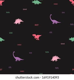 Dinosaur family seamless pattern on black background. Print for girl t-shirt, dress, clothes. Cute colorful monsters with signs: baby, papa, mama, roar, dino.