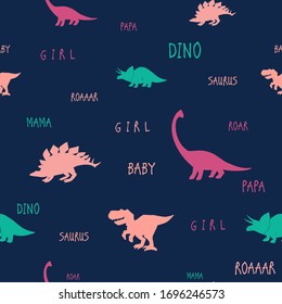 Dinosaur family seamless pattern on blue. Print for girl t-shirt, dress, clothes. Cute colorful monsters with signs: baby, papa, mama, roar, dino.