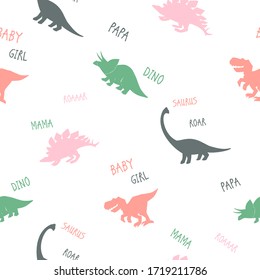 Dinosaur family seamless pattern. Print for girl t-shirt, dress, clothes. Cute colorful monsters with signs: baby, papa, mama, roar, dino.