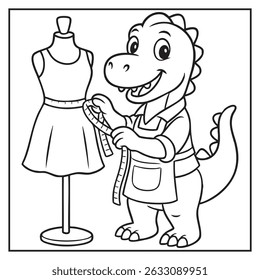 Dinosaur Fashion Designer Coloring Page Black and White Line Art Printable for Kids