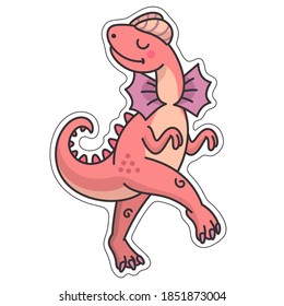 Dinosaur fashionista sticker. Vector illustration in cartoon style with a cute character, a dinosaur girl who looks stylish and shows it off . For use as a sticker, for children products.