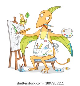 Dinosaur father painting a leaf with a help of his baby hatchling. Illustration for kids.