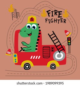 Dinosaur The Fire Fighter Funny Animal Cartoon