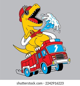 dinosaurio la caricatura de animales divertidos de los bomberos, ilustración vectorial