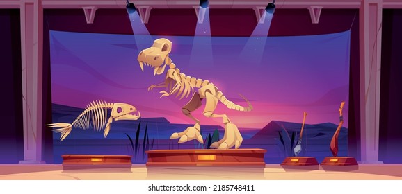 Dinosaur And Fish Skeletons In Paleontology Museum Cartoon Image. Vector Illustration Of Stone Age Artefacts, Ancient Prehistoric Animals Bones At History Exhibition. Scientific Discovery. Archaeology