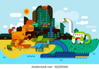 Dinosaur flat background with predators in prehistoric landscape vector illustration