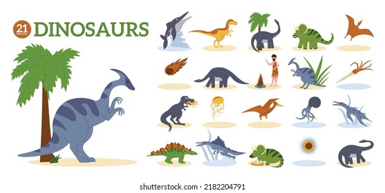 Dinosaur flat composition with different representatives of inhabitants of ancient eras cartoon vector illustration