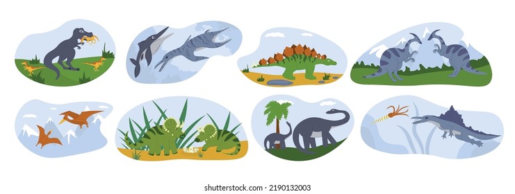 Dinosaur flat set of cartoon compositions with flying armored and reptiles animal characters isolated vector illustration