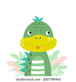 Dinosaur in flat style. Cartoon dino portrait. Vector iilustration with cute dinosaur for kids