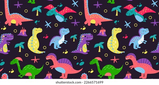 Dinosaur floral pattern, cute print. Multicolour prehistoric girl or boy fabric design, happy preschool bright dino. Decor textile, wrapping paper, wallpaper. Vector recent seamless elements