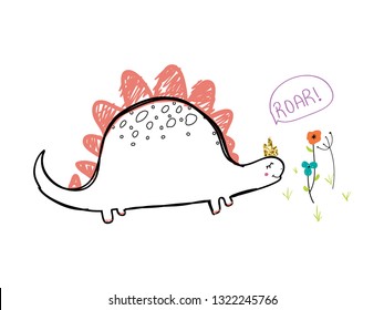dinosaur flower glitter crown text baby girl illustration art vector 