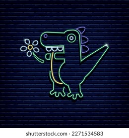 Dinosaur with flower, vector graphic. concept, neon, signboard, icon.