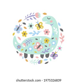 Dinosaur with flowers and butterflies on white. Childish cute print for card and poster. Vector Illustration