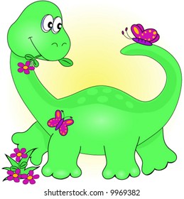 Dinosaur with Flowers and Butterfly Vector.