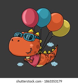 Dinosaur flying with balloon. t-shirt design.