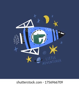 Dinosaur flying in rocket flat vector illustration. Cute dinosaur travelling in space. Can be used for shirt design, fashion print design, kids wear, textile design, greeting card. Dark background.