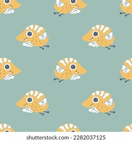 Dinosaur flying seamless pattern. Hand drawn cartoon dino characters with big eyes in simple scandinavian linocut style. Vector illustration. Trendy pastel gender neutral palette on a blue background