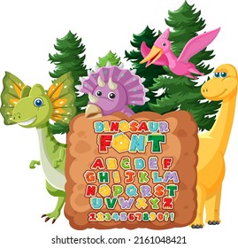 Dinosaur font a-z with cartoon character illustration