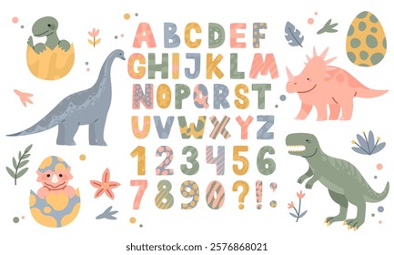 Dinosaur font. Dino English alphabet and number. Animals cartoon isolated, cute nursery decorative, adorable art. Childish drawing, happy letter for typography banner. Vector baby character set