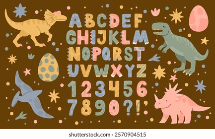 Dinosaur font. Dino letter, English alphabet and number. Childish cute typeface, funny nursery typography. Doodle childrens drawing. Animal baby decorative elements. Vector cartoon flat isolated text