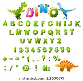 Schriftart Dinosaurier, Zeichentrickschrift dino Buchstaben, Vektor ABC Typ. Kid jurassische Dinosaurier süße Tiere in grüner dino Schriftart, Kindertypografie mit T-rex tyrannosaurus, Velociraptor