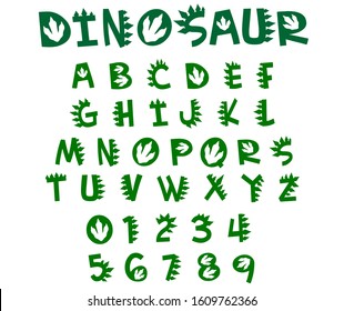 Dinosaur font vector. Green letters and numbers of prehistoric reptile. svg