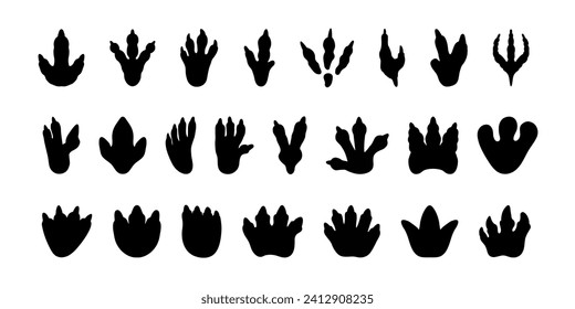 Dinosaur footprint. Black dino silhouette fossil paw print. Monster reptile footsteps. Paleontology fossil footprints. Tyrannosaurus, triceratops paws vector set. Prehistoric period trace steps