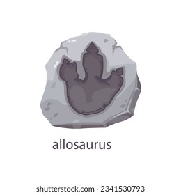 Dinosaur footprint in fossil stone, archeology and dino foot silhouette, cartoon vector. Allosaurus dinosaur footprint with three claws, Jurassic extinct lizard or giant reptile print in fossil stone