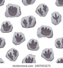 Dinosaur footprint fossils seamless pattern. Dino monsters foot prints vector background. Jurassic animals paw traces silhouettes in cartoon stones, tyrannosaurus, pterodactyl and allosaurus tracks