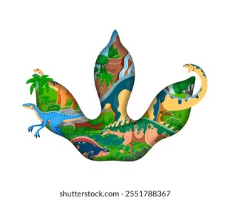 Dinosaur footprint paper cut banner with cartoon prehistoric dino characters and waterfall nature landscape. Vector 3d paper cut dinosaur footprint frame with eoraptor, apatosaurus, lotosaurus dinos